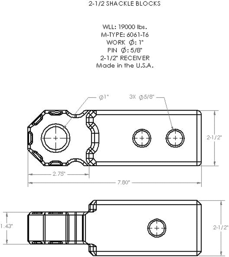 Recovery Shackle Block Assembly 2.5 INCH Double Hole, Black - Hitch Receiver Block - Proudly Made in the USA