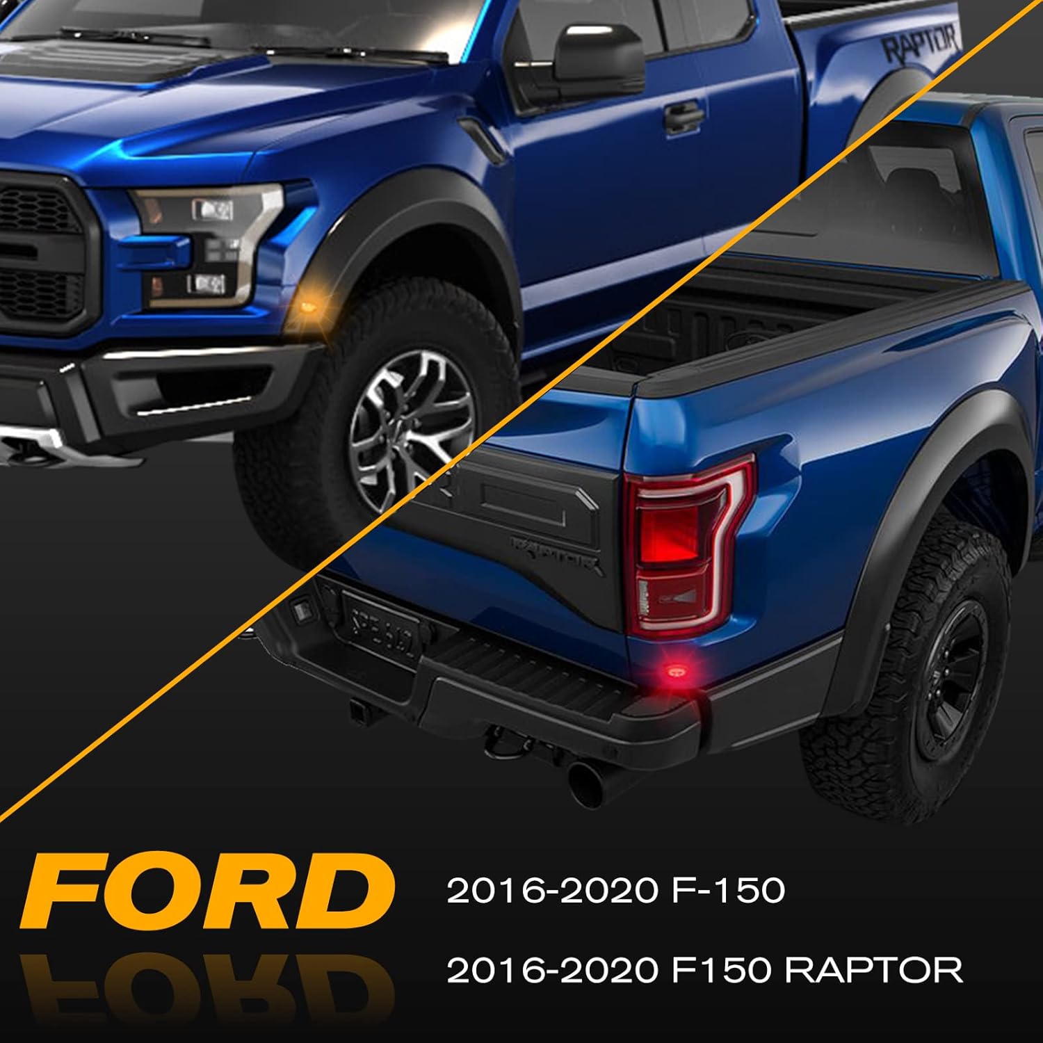 Led Fender Side Marker Lights Assembly, 2 Pcs Amber Front Fender Flare Lights & 2 Pcs Red Rear Full Dually Trunk Bed Fender Lamps Kit for Ford F150 Raptor 2016-2020 Trucks/Pickup