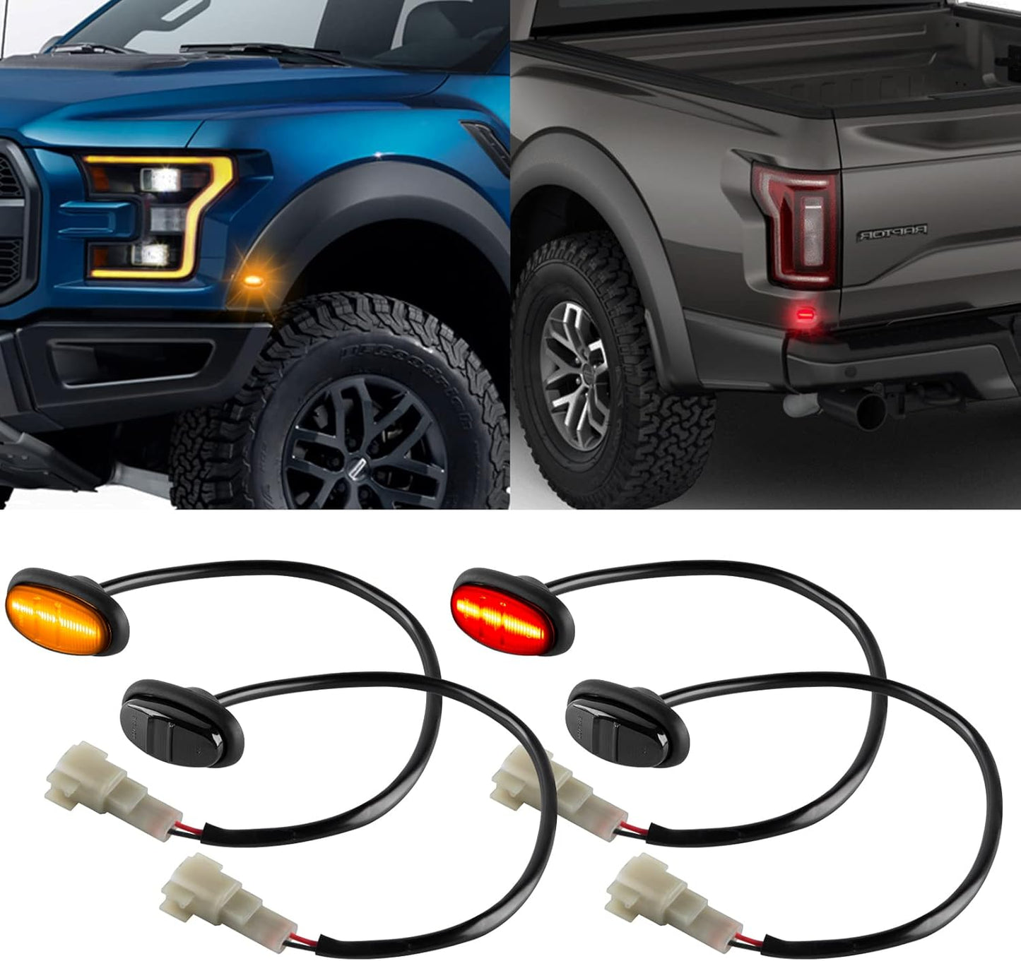 Led Fender Side Marker Lights Assembly, 2 Pcs Amber Front Fender Flare Lights & 2 Pcs Red Rear Full Dually Trunk Bed Fender Lamps Kit for Ford F150 Raptor 2016-2020 Trucks/Pickup