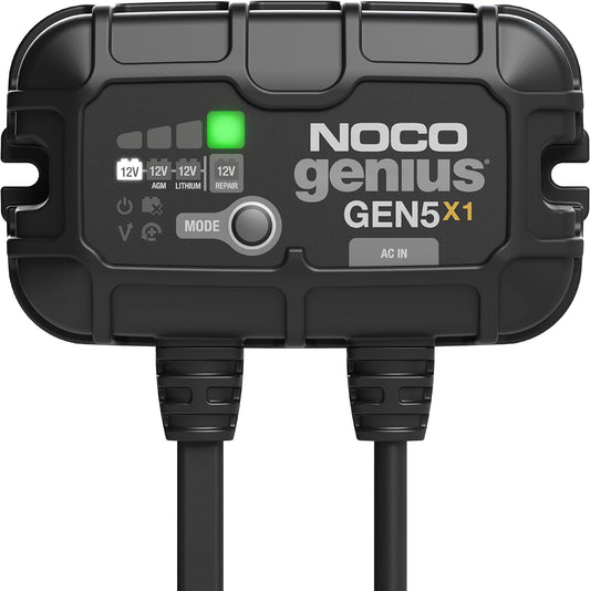 Genius GEN5X1, 1-Bank, 5A (5A/Bank) Smart Marine Battery Charger, 12V Waterproof Onboard Boat Charger, Maintainer and Desulfator for AGM, Lithium (Lifepo4) and Deep-Cycle Batteries