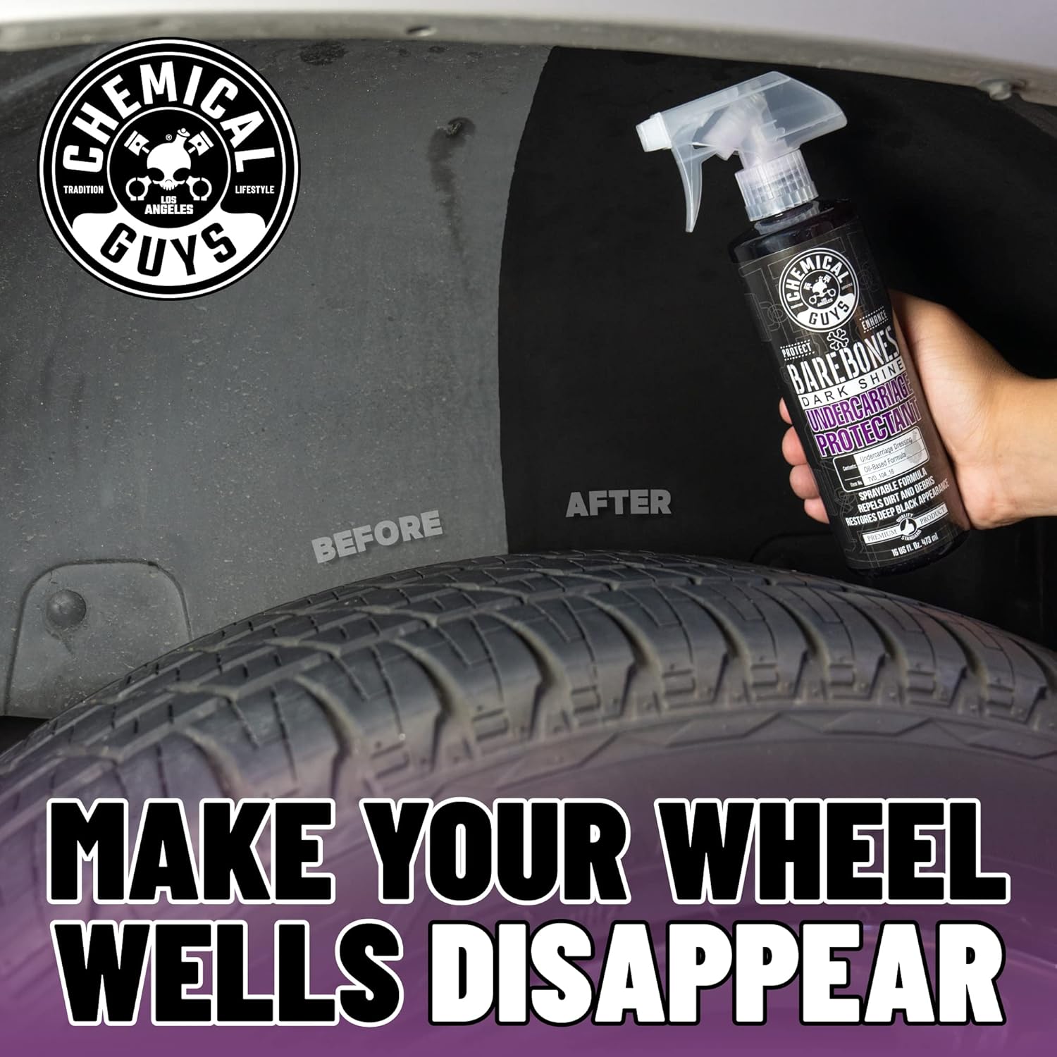 Chemical Guys Bare Bones Premium Dark Shine Spray for Undercarriage, Tires and Trim, Safe for Cars, Trucks, Motorcycles, Rvs & More, 16 Fl Oz