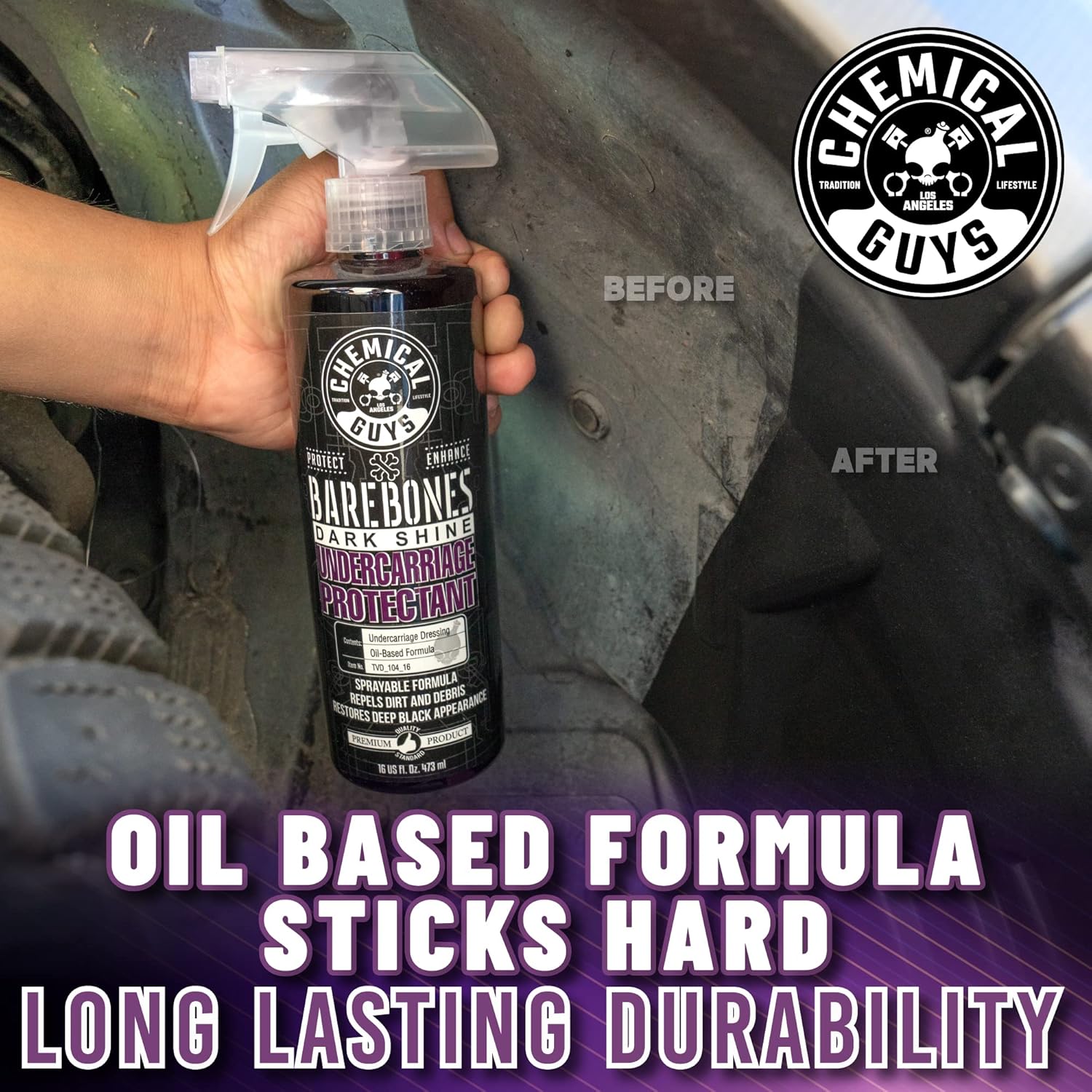 Chemical Guys Bare Bones Premium Dark Shine Spray for Undercarriage, Tires and Trim, Safe for Cars, Trucks, Motorcycles, Rvs & More, 16 Fl Oz