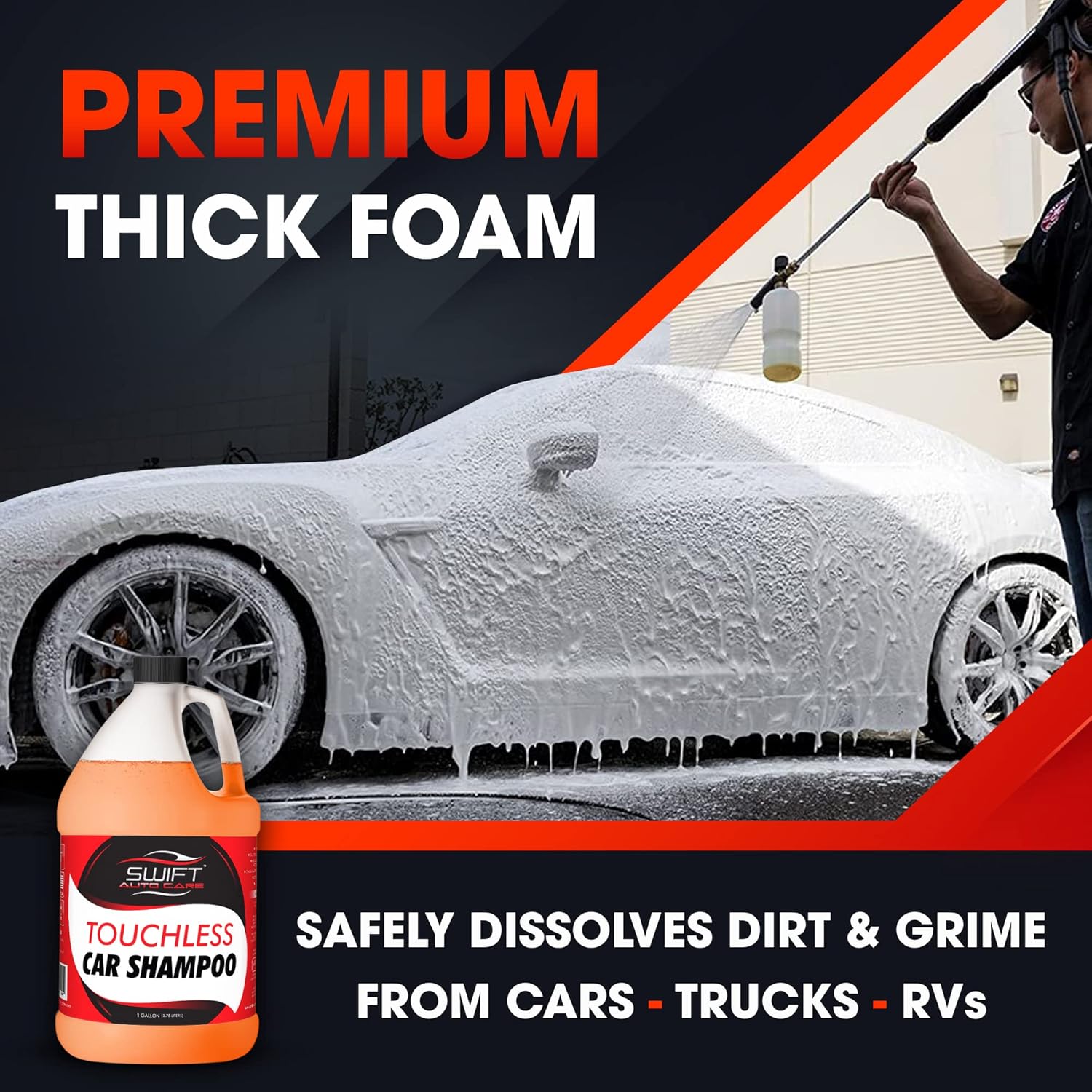 Swift Touchless Car Wash Shampoo (1 Gallon) - No Brushing Required, High Foaming Car Soap, Heavy Duty, Auto Detergent for Foam Cannon, Works on Cars, Trucks, Rvs, Upholstery & More!