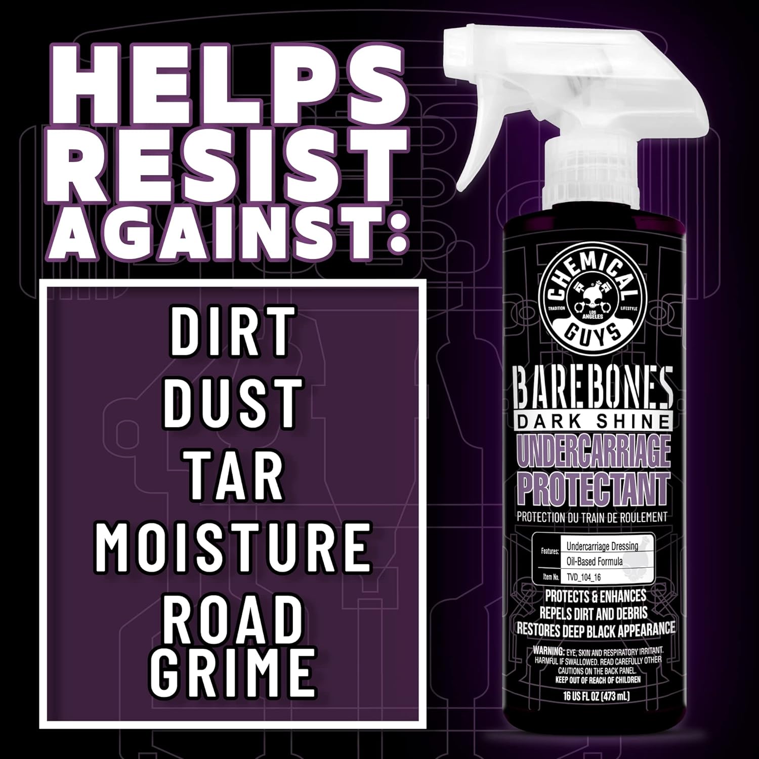 Chemical Guys Bare Bones Premium Dark Shine Spray for Undercarriage, Tires and Trim, Safe for Cars, Trucks, Motorcycles, Rvs & More, 16 Fl Oz
