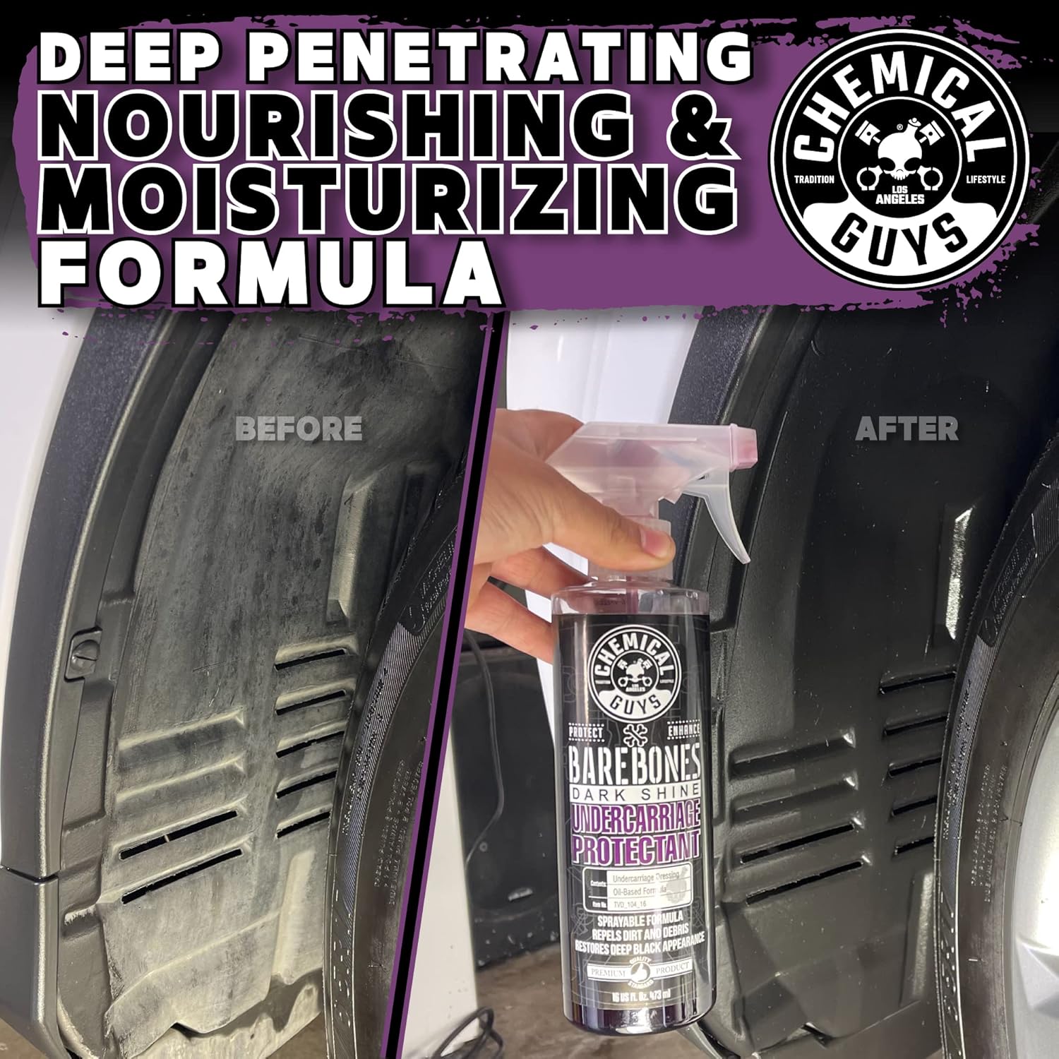 Chemical Guys Bare Bones Premium Dark Shine Spray for Undercarriage, Tires and Trim, Safe for Cars, Trucks, Motorcycles, Rvs & More, 16 Fl Oz
